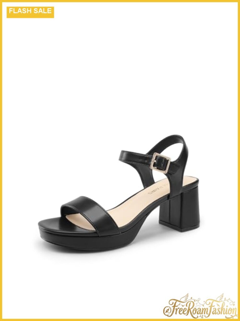Platform Block Heeled Sandals Square Toe Ankle Strap Faux Leather